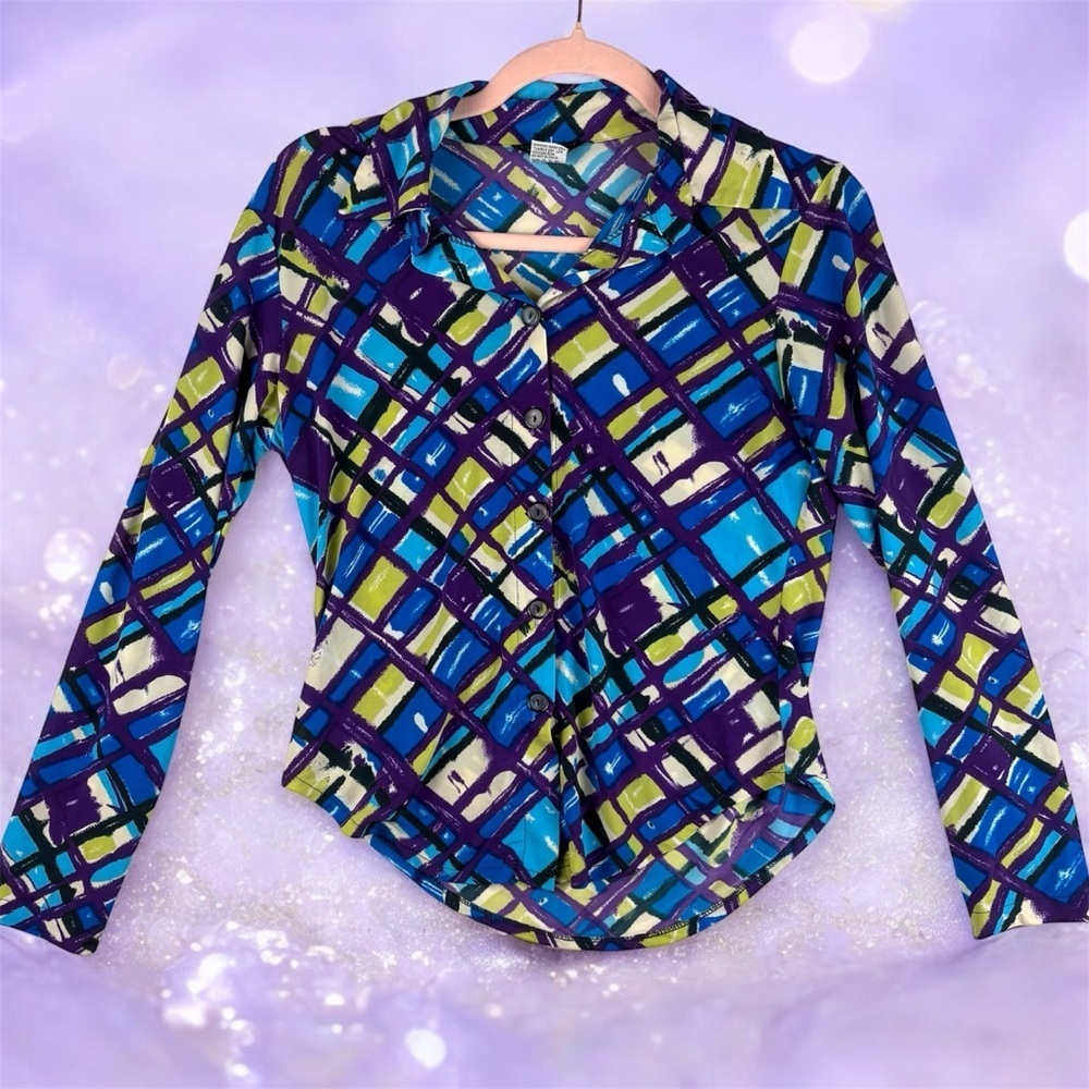 VTG Rich Birds Colorful Geometric Stretchy Button Down Top Long Sleeves Y2K - Picture 7 of 12